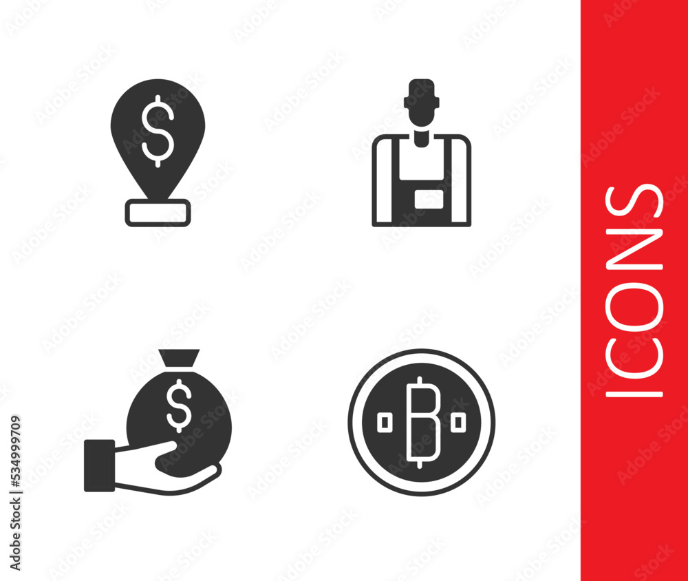 Set Cryptocurrency coin Bitcoin, Cash location pin, Money bag and Seller icon. Vector Set Cryptocurrency coin Bitcoin, Cash location pin, Money bag and Seller icon. Vector