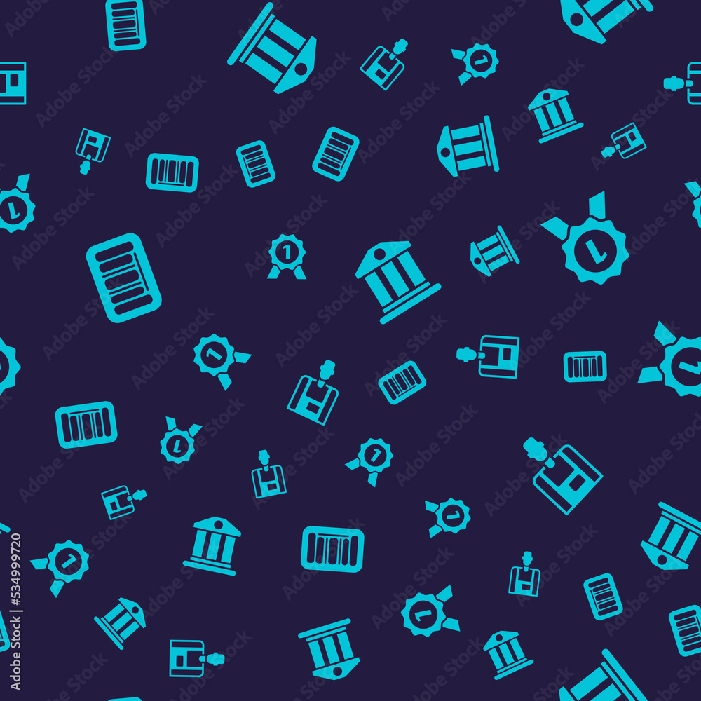 Set Barcode, Medal, Bank building and Seller on seamless pattern. Vector