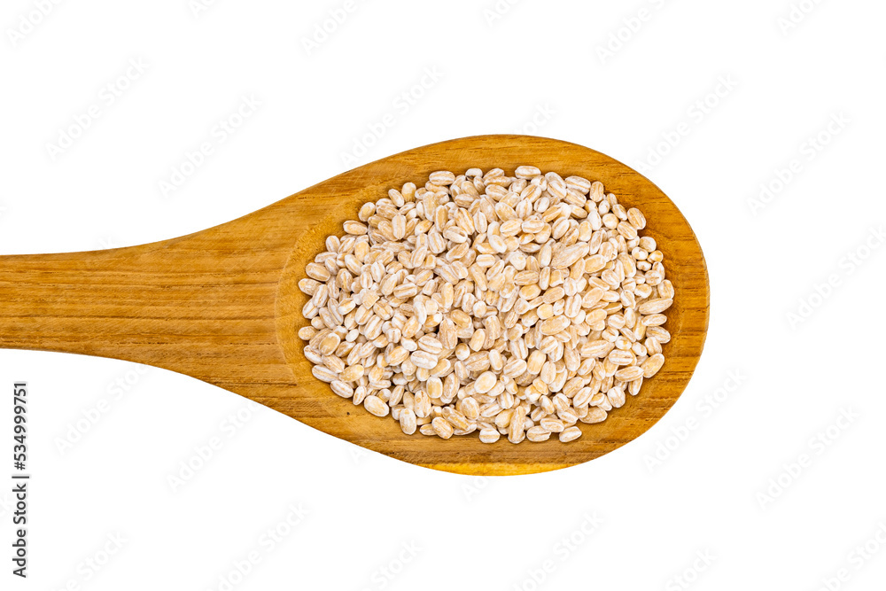 Top view or flat lay group of dry pearl barley in wooden spoon isolated on white background with clipping path. Top view or flat lay group of dry pearl barley in wooden spoon isolated on white background with clipping path.