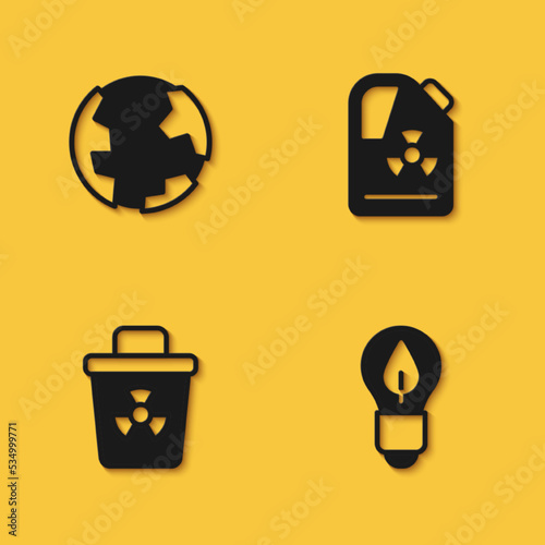 Set Earth globe, Light bulb with leaf, Infectious waste and Radioactive in barrel icon with long shadow. Vector