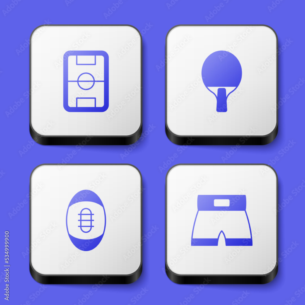 Set Football field, Racket, American and Boxing short icon. White square button. Vector Set Football field, Racket, American and Boxing short icon. White square button. Vector