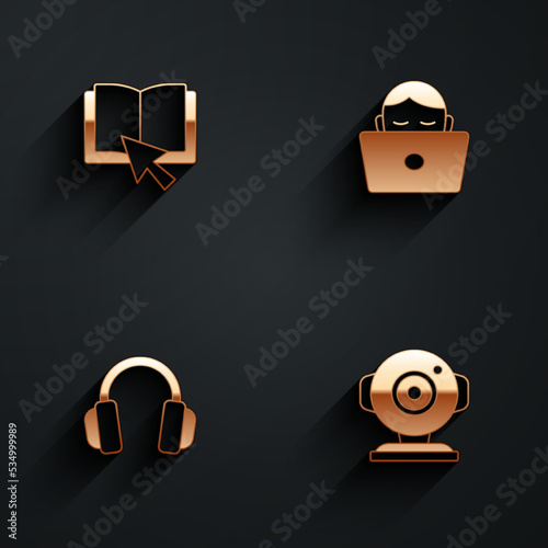 Set Online book, Student working at laptop, Headphones and Web camera icon with long shadow. Vector