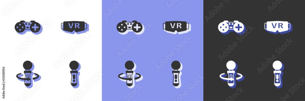 Set VR controller game, Gamepad, and Virtual reality glasses icon. Vector Set VR controller game, Gamepad, and Virtual reality glasses icon. Vector