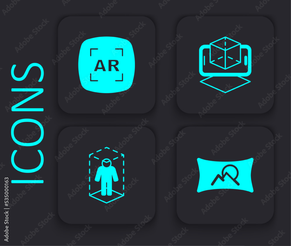 Set Wide angle picture, Augmented reality AR, 3d modeling and icon. Black square button. Vector Set Wide angle picture, Augmented reality AR, 3d modeling and icon. Black square button. Vector