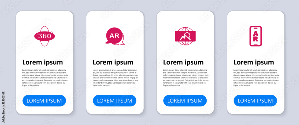 Set Augmented reality AR, Wide angle picture, and 360 degree view. Business infographic template. Vector Set Augmented reality AR, Wide angle picture, and 360 degree view. Business infographic template. Vector