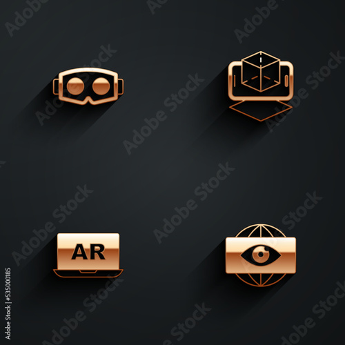 Set Virtual reality glasses, 3d modeling, Augmented AR and Big brother electronic eye icon with long shadow. Vector