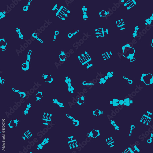 Set Magic staff, Bottle with love potion, Candlestick and Bow tie on seamless pattern. Vector