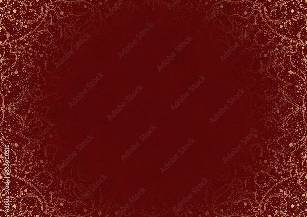 Deep red textured paper with splatters of golden glitter and vignette of golden hand-drawn pattern. Copy space. Digital artwork, A4. (pattern: p07-2a)