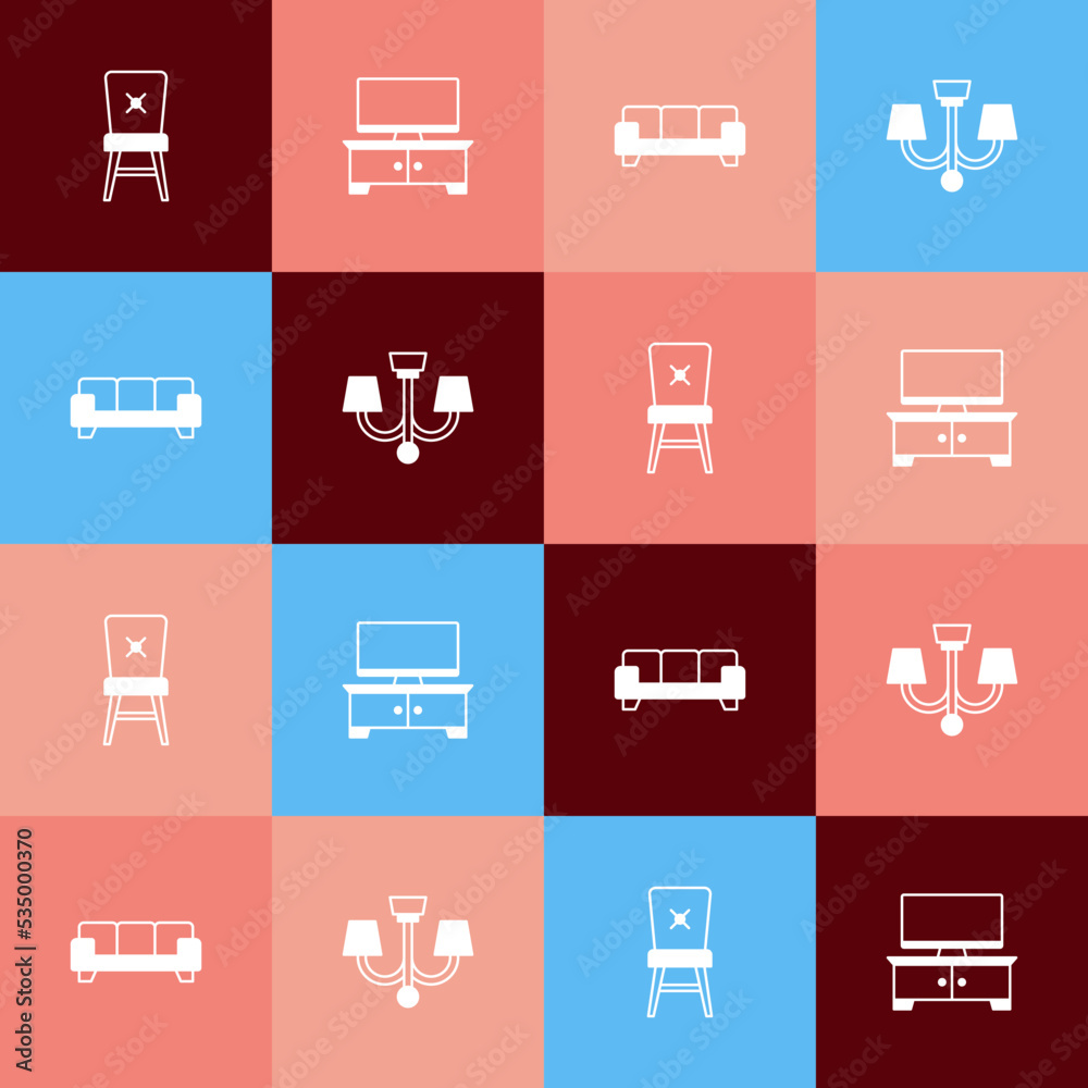 Set pop art Chair, TV table stand, Sofa and Chandelier icon. Vector