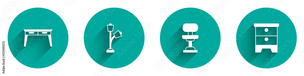 Set Office desk, Floor lamp, chair and Furniture nightstand icon with long shadow. Vector Set Office desk, Floor lamp, chair and Furniture nightstand icon with long shadow. Vector