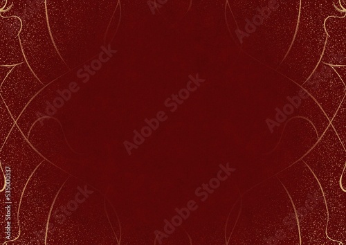 Deep red textured paper with splatters of golden glitter and vignette of golden hand-drawn pattern. Copy space. Digital artwork, A4. (pattern: p08-1a)