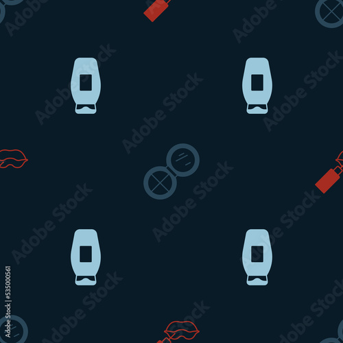Set Lip augmentation, Makeup powder with mirror and Bottle of shampoo on seamless pattern. Vector