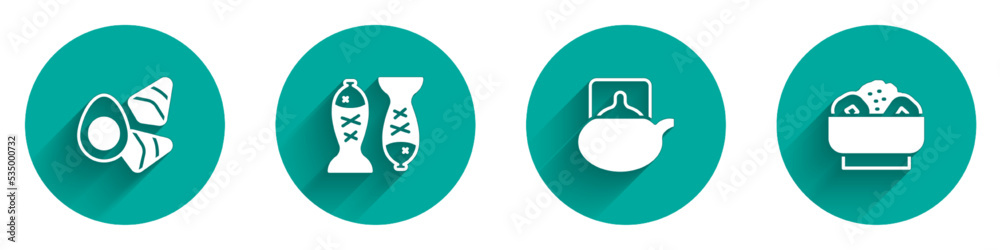 Set Chicken egg with vegerables, Served fish on plate, Traditional tea ceremony and Chow mein icon with long shadow. Vector Set Chicken egg with vegerables, Served fish on plate, Traditional tea ceremony and Chow mein icon with long shadow. Vector