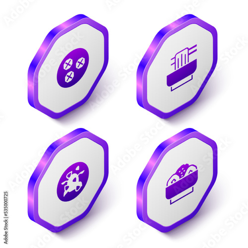 Set Isometric Wonton, Asian noodles in bowl, Kung Pao chicken and Chow mein plate icon. Purple hexagon button. Vector