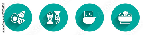 Set Chicken egg with vegerables, Served fish on plate, Traditional tea ceremony and Chow mein icon with long shadow. Vector
