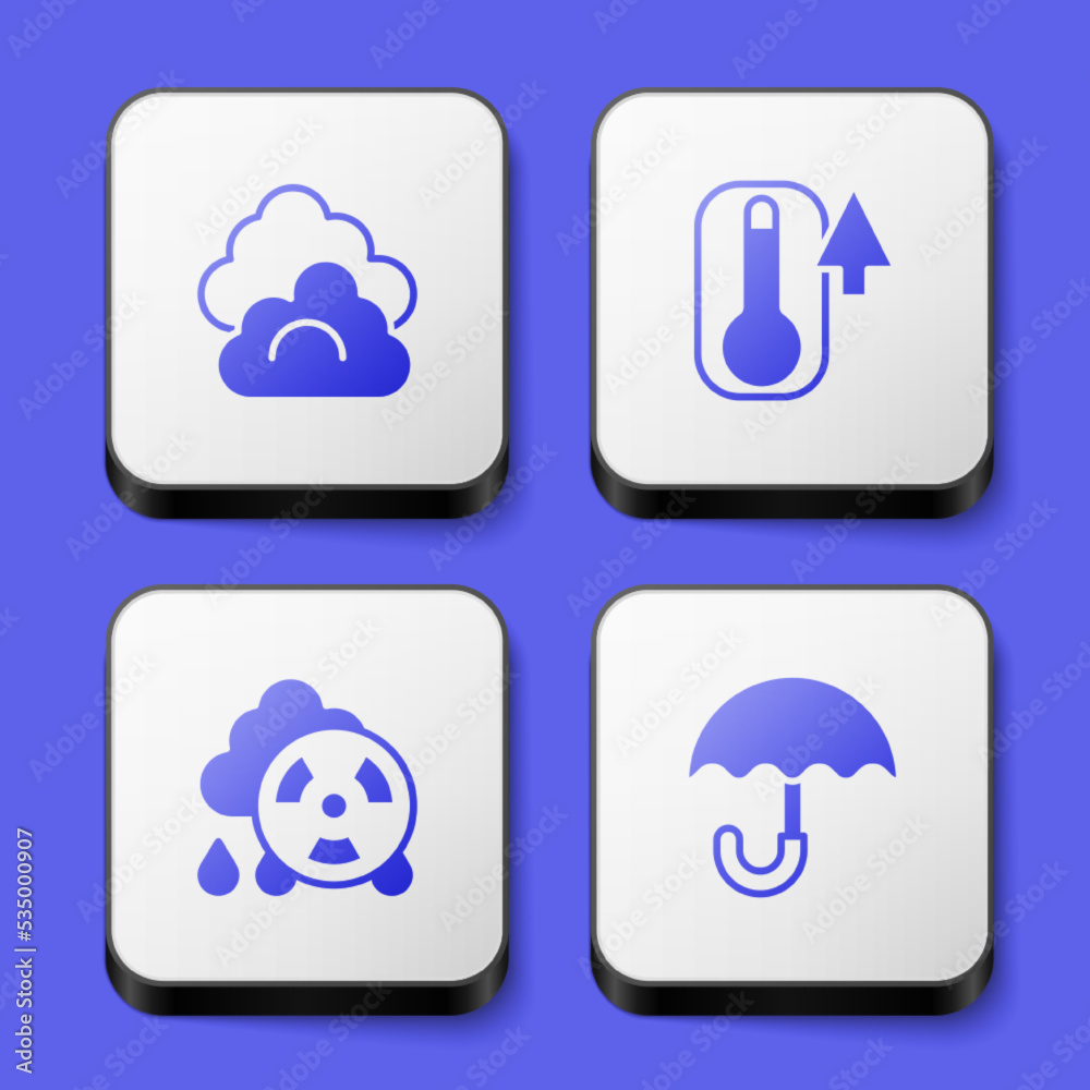 Set Cloud, Thermometer, Acid rain radioactive cloud and Umbrella icon. White square button. Vector Set Cloud, Thermometer, Acid rain radioactive cloud and Umbrella icon. White square button. Vector