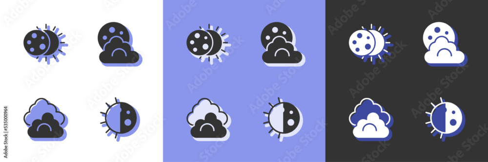 Set Day night cycle, Eclipse of the sun, Cloud and with moon icon. Vector Set Day night cycle, Eclipse of the sun, Cloud and with moon icon. Vector