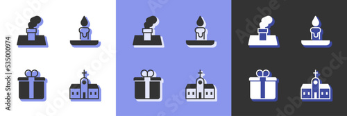 Set Church building, Christmas chimney, Gift box and Burning candle icon. Vector