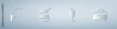Set Fishing rod, net, lure and Case or box for fishing equipment. Paper art style. Vector