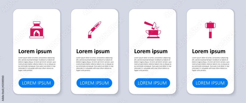 Set Sledgehammer, Anvil and, Welding torch and Blacksmith oven. Business infographic template. Vector Set Sledgehammer, Anvil and, Welding torch and Blacksmith oven. Business infographic template. Vector