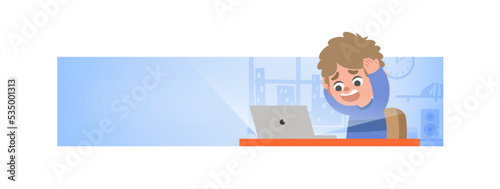 Banner a man's laptop had a problem in his room. illustration vector cartoon character design.