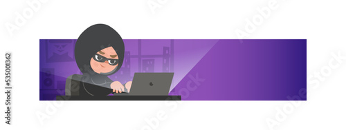Banner a hacker are hacking from the internet by laptop in the room. illustration vector cartoon character design. Crime concept.