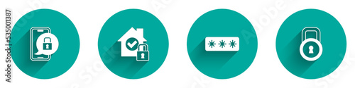 Set Mobile with closed padlock, House under protection, Password and Lock icon with long shadow. Vector