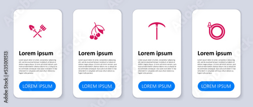 Set Garden hose, Pickaxe, Fresh berries and Shovel and rake. Business infographic template. Vector