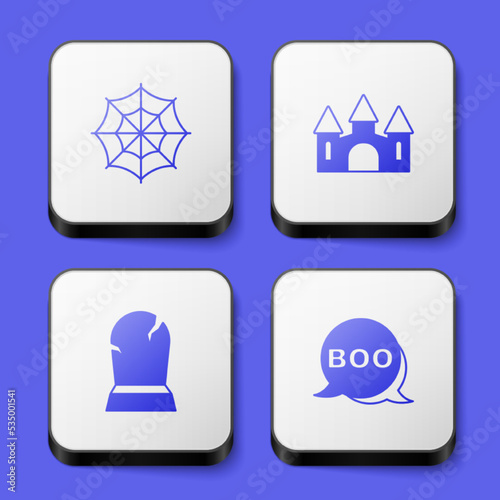 Set Spider web, Castle, Tombstone with RIP written and Boo speech bubble icon. White square button. Vector