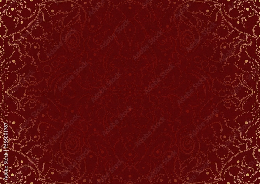 Hand-drawn unique abstract ornament. Light red on a deep red background, with vignette of same pattern in golden glitter. Paper texture. Digital artwork, A4. (pattern: p07-2a) Hand-drawn unique abstract ornament. Light red on a deep red background, with vignette of same pattern in golden glitter. Paper texture. Digital artwork, A4. (pattern: p07-2a)