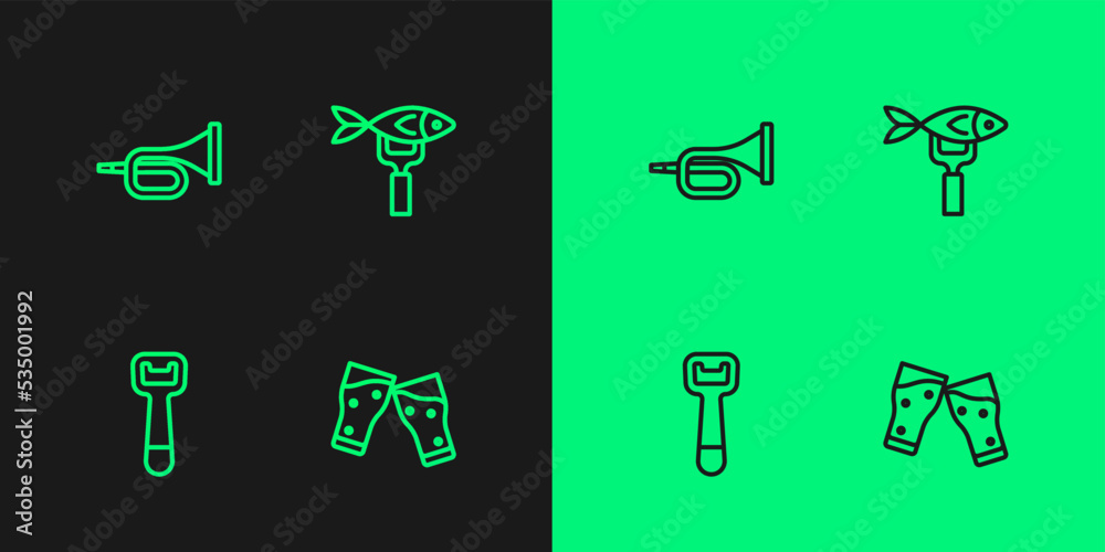 Set line Glass of beer, Bottle opener, Trumpet and Dried fish icon. Vector