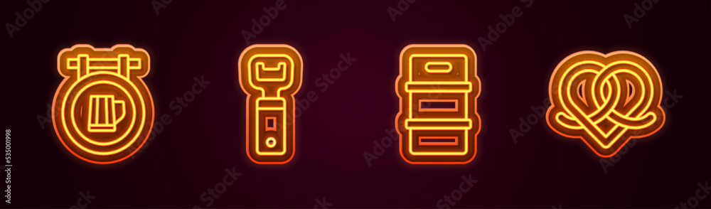Set line Street signboard with beer, Bottle opener, Metal keg and Pretzel. Glowing neon icon. Vector Set line Street signboard with beer, Bottle opener, Metal keg and Pretzel. Glowing neon icon. Vector