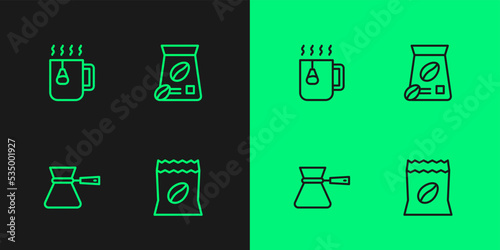 Set line Bag of coffee beans, Coffee turk, Cup tea with bag and icon. Vector