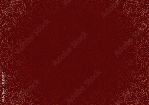 Hand-drawn unique abstract ornament. Light red on a deep red background, with vignette of same pattern in golden glitter. Paper texture. Digital artwork, A4. (pattern: p07-1b)