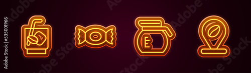 Set line Espresso tonic coffee, Candy, Coffee pot and Location with bean. Glowing neon icon. Vector