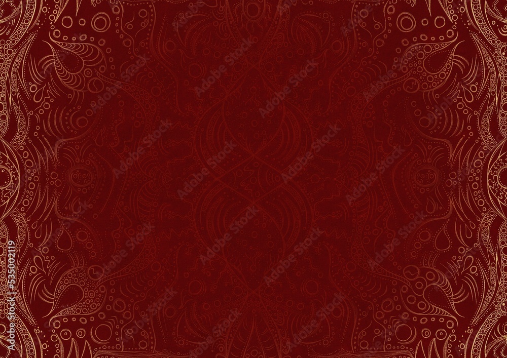Hand-drawn unique abstract ornament. Light red on a deep red background, with vignette of same pattern in golden glitter. Paper texture. Digital artwork, A4. (pattern: p09a) Hand-drawn unique abstract ornament. Light red on a deep red background, with vignette of same pattern in golden glitter. Paper texture. Digital artwork, A4. (pattern: p09a)