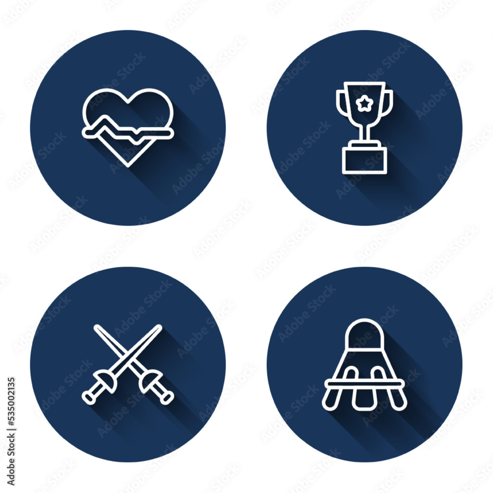 Set line Heart rate, Award cup, Fencing and Badminton shuttlecock with long shadow. Blue circle button. Vector