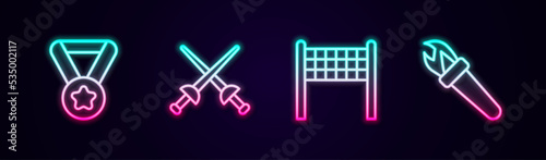 Set line Medal, Fencing, Volleyball net and Torch flame. Glowing neon icon. Vector