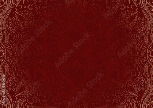 Hand-drawn unique abstract ornament. Light red on a deep red background, with vignette of same pattern in golden glitter. Paper texture. Digital artwork, A4. (pattern: p09a)