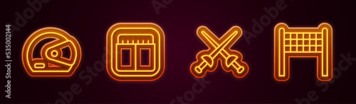 Set line Racing helmet, Sport mechanical scoreboard, Fencing and Volleyball net. Glowing neon icon. Vector