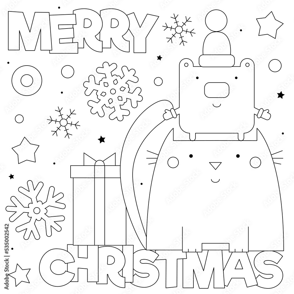 Merry Christmas. Coloring page. Black and white vector illustration