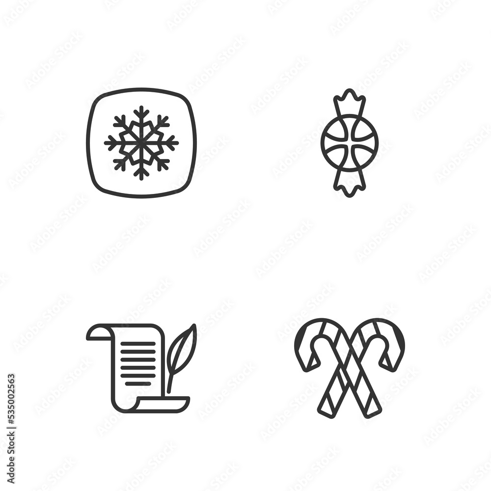 Set line Candy cane with stripes, Envelope, Snowflake and icon. Vector