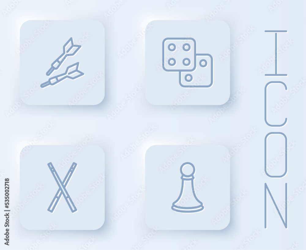 Set line Dart arrow, Game dice, Crossed billiard cues and Chess pawn. White square button. Vector Set line Dart arrow, Game dice, Crossed billiard cues and Chess pawn. White square button. Vector