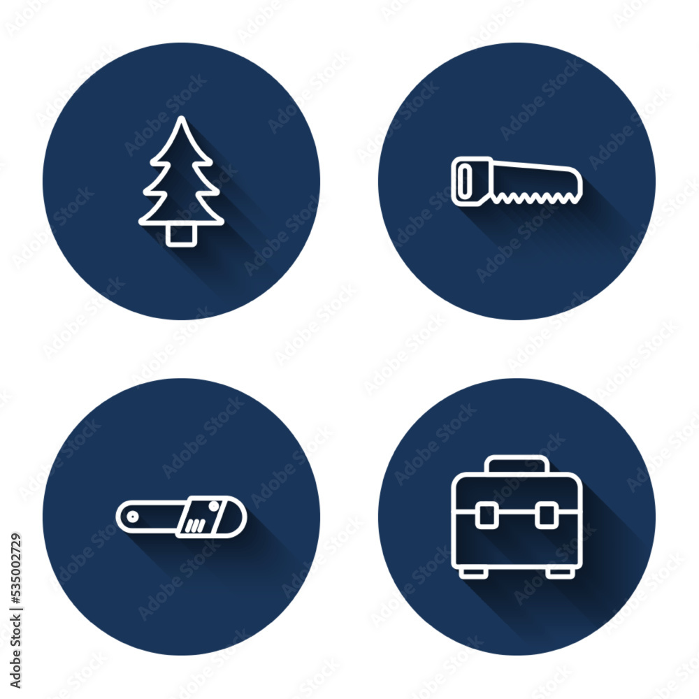 Set line Tree, Hand saw, Chainsaw and Toolbox with long shadow. Blue circle button. Vector Set line Tree, Hand saw, Chainsaw and Toolbox with long shadow. Blue circle button. Vector