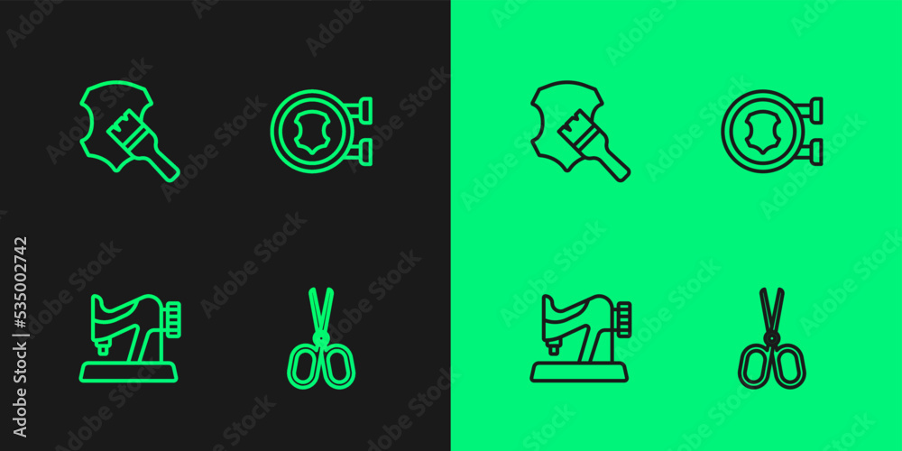 Set line Scissors, Sewing machine, Leather and icon. Vector