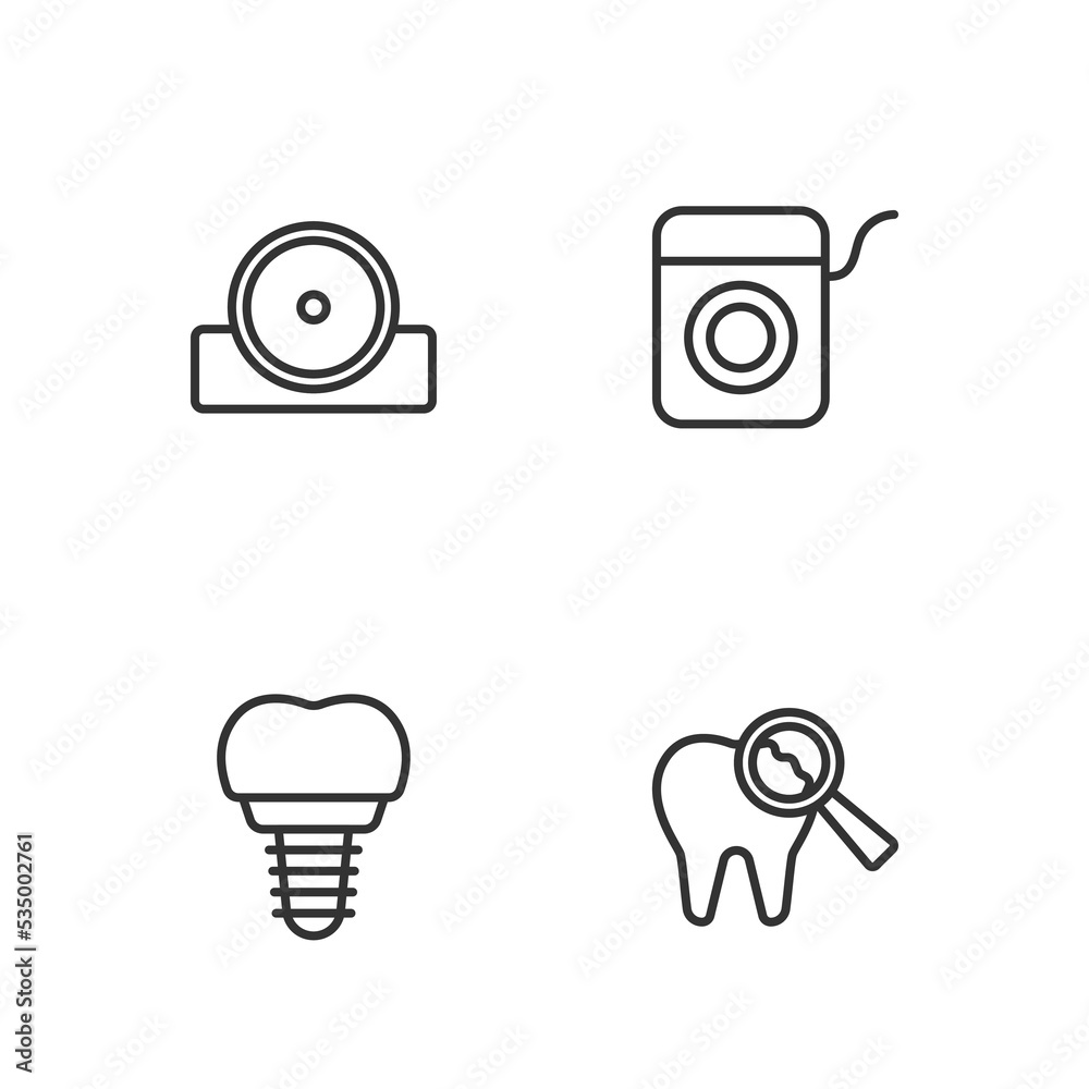 Set line Broken tooth, Dental implant, Otolaryngological head reflector and floss icon. Vector Set line Broken tooth, Dental implant, Otolaryngological head reflector and floss icon. Vector