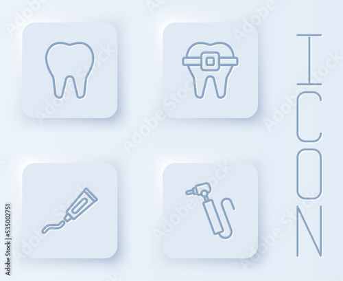 Set line Tooth  Teeth with braces  Tube of toothpaste and drill. White square button. Vector