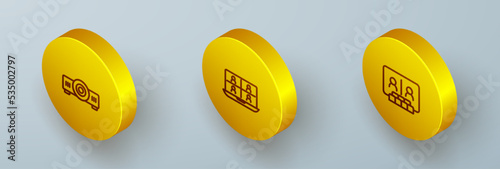 Set Isometric line Movie, film, media projector, Video chat conference and icon. Vector