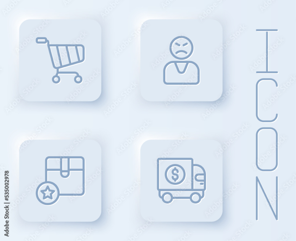 Set line Shopping cart, Angry customer, Carton cardboard box and Armored truck. White square button. Vector Set line Shopping cart, Angry customer, Carton cardboard box and Armored truck. White square button. Vector