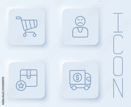 Set line Shopping cart, Angry customer, Carton cardboard box and Armored truck. White square button. Vector